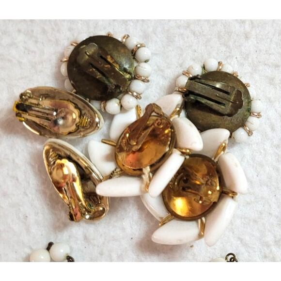 Vtg Costume Jewelry Lot White Beaded Necklaces Clip On Earrings W Germany Japan - Picture 9 of 9